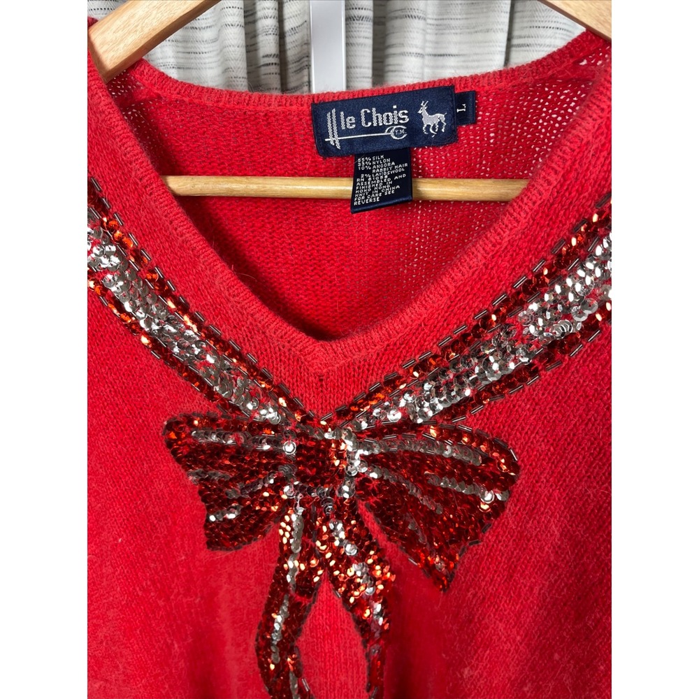 Le Chois Sweater Red Womens Large Silk Angora Sequin Bow Holiday Vintage - Picture 7 of 7